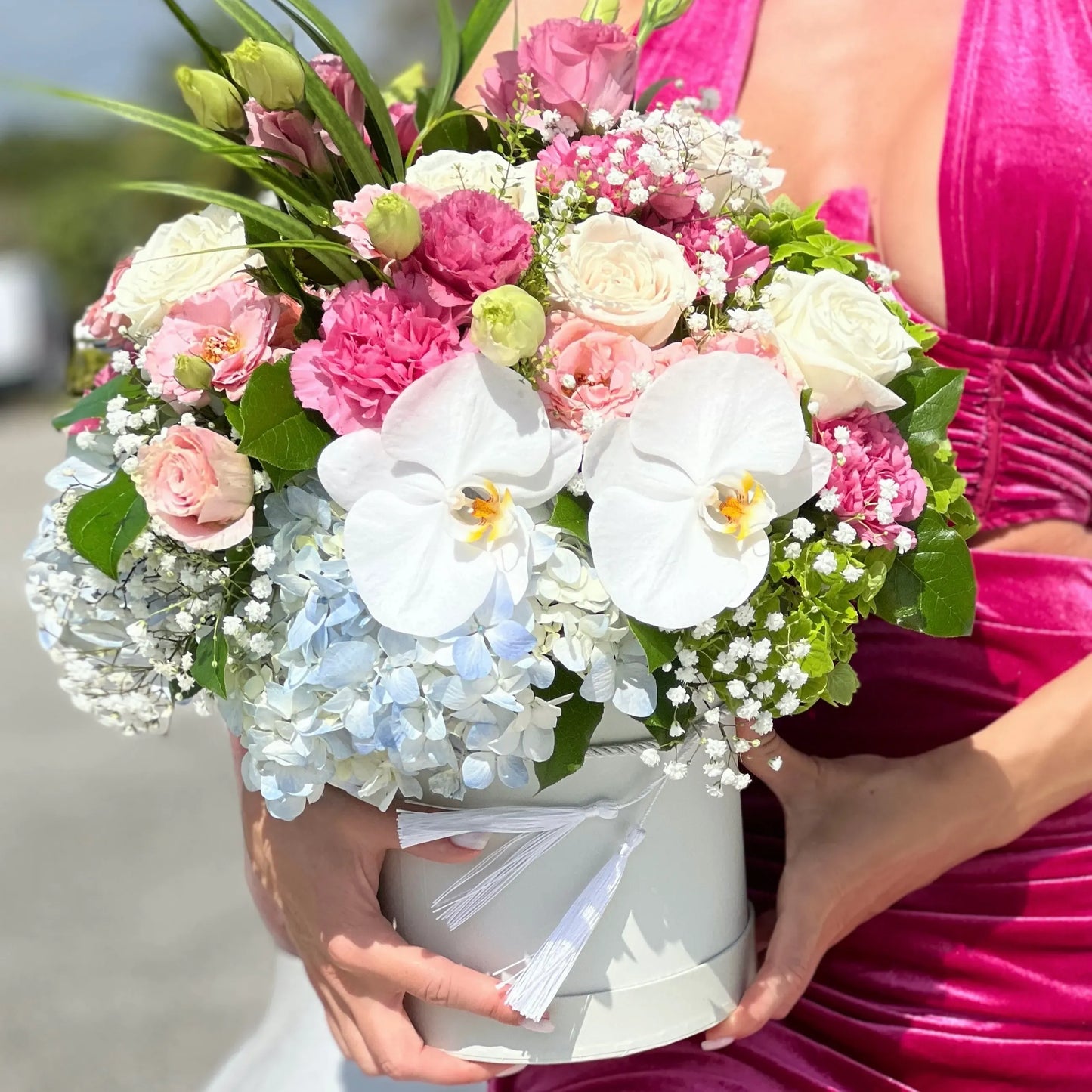 Roses, Orchids, Hydrangea, Lisianthus Flower Bouquet In A Box - Miami Flower Store Same-Day Delivery Fort Lauderdale Brickell Aventura Las Olas Hallendale Beach Hollywood Sunny Isles