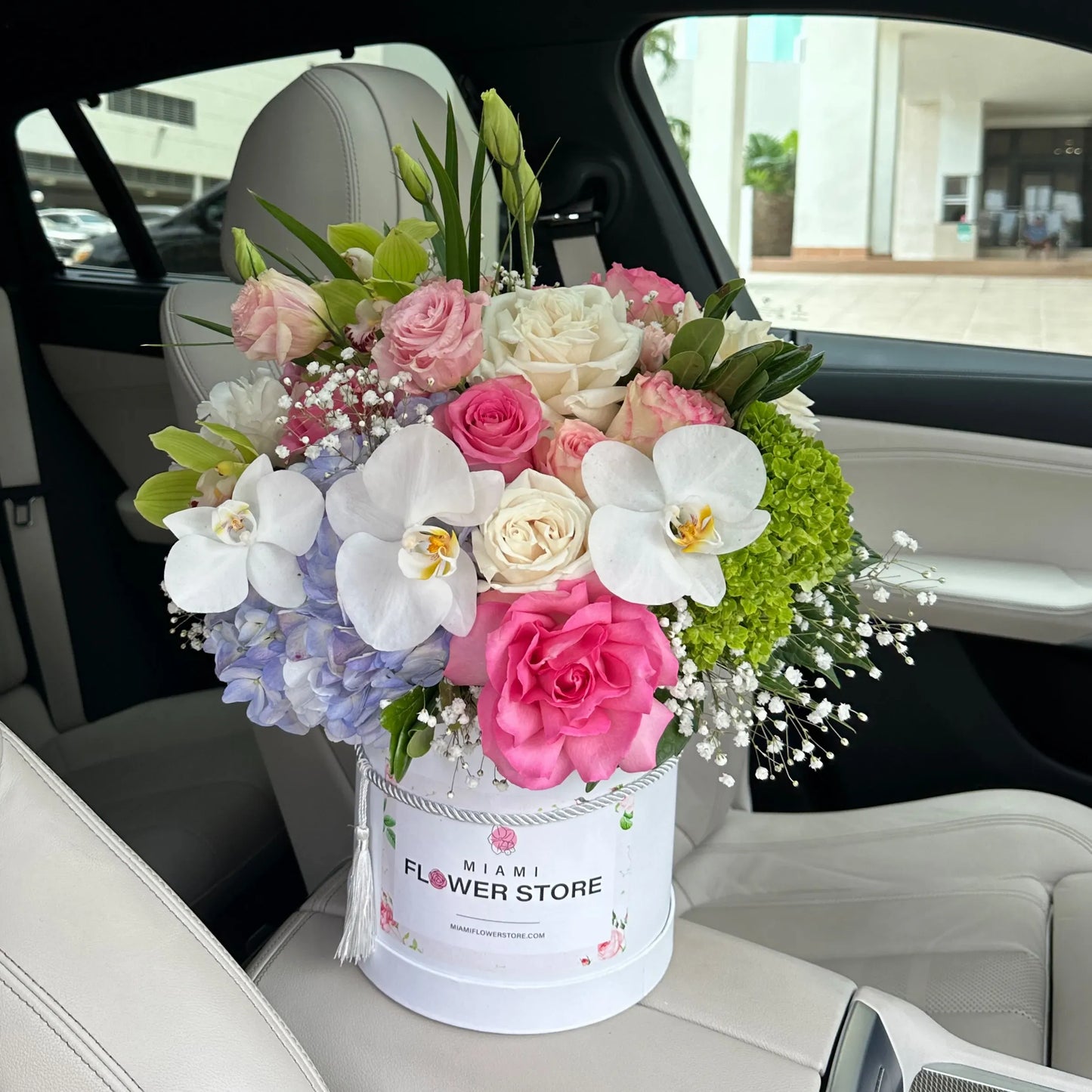 Roses, Orchids, Hydrangea, Lisianthus Flower Bouquet In A Box - Miami Flower Store Same-Day Delivery Fort Lauderdale Brickell Aventura Las Olas Hallendale Beach Hollywood Sunny Isles