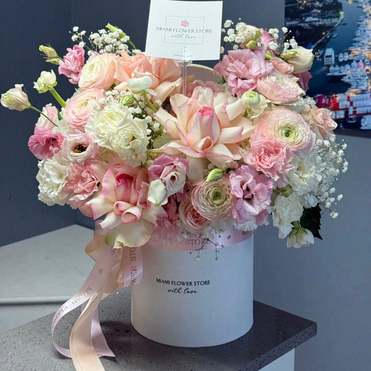 Pink & White Flower Bouquet In A Box With Elegant Beads - Miami Flower Store Same-Day Delivery Fort Lauderdale Brickell Aventura Las Olas Hallendale Beach Hollywood Sunny Isles