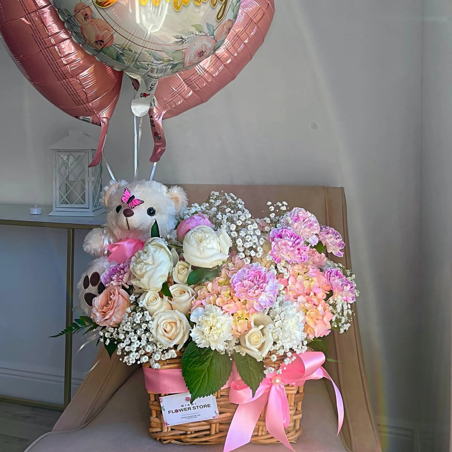 Peony Flower Bouquet In A Basket & Stuffed Teddy Bear - Miami Flower Store Same-Day Delivery Fort Lauderdale Brickell Aventura Las Olas Hallendale Beach Hollywood Sunny Isles