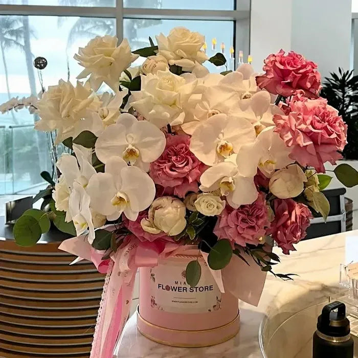White Orchids & French Roses Flower Bouquet In A Box - Miami Flower Store Same-Day Delivery Fort Lauderdale Brickell Aventura Las Olas Hallendale Beach Hollywood Sunny Isles