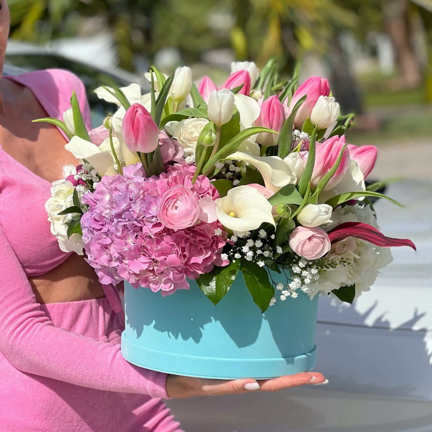 Tulips, Callas, Ranunculus Flower Bouquet In A Box - Miami Flower Store Same-Day Delivery Fort Lauderdale Brickell Aventura Las Olas Hallendale Beach Hollywood Sunny Isles