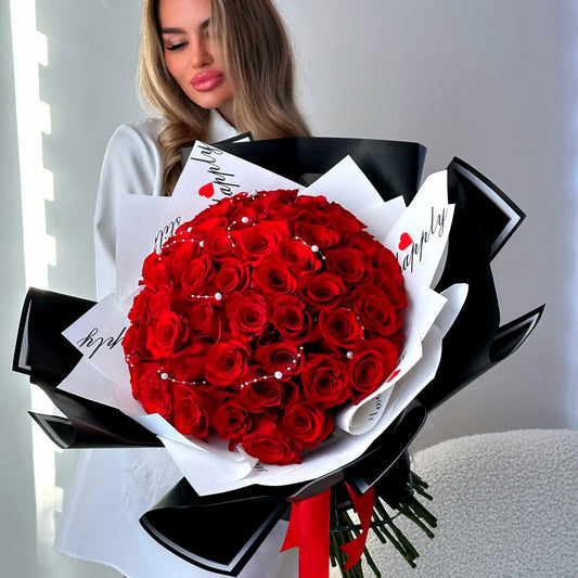50 Classic Red Rose Flower Bouquet With Pearl Beads - Miami Flower Store Same-Day Delivery Fort Lauderdale Brickell Aventura Las Olas Hallendale Beach Hollywood Sunny Isles
