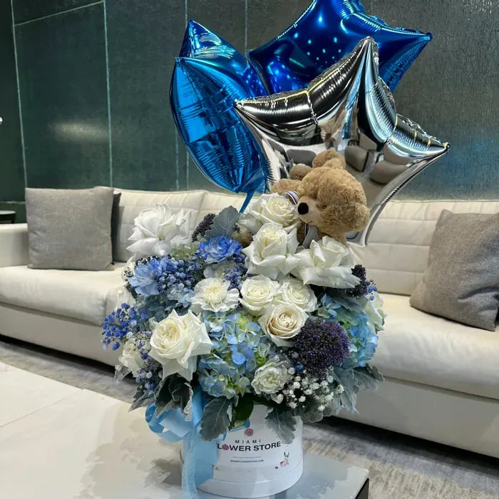 Baby Boy Blue Flowers In A Box, Teddy Bear & 3 Blue Balloons - Miami Flower Store Same-Day Delivery Fort Lauderdale Brickell Aventura Las Olas Hallendale Beach Hollywood Sunny Isles