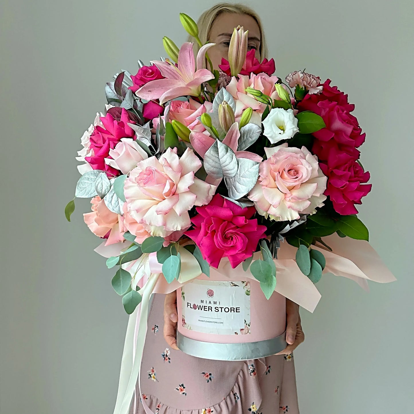 Roses, Lilies, Carnations, Silver Greens Flower Bouquet In A Box - Miami Flower Store Same-Day Delivery Fort Lauderdale Brickell Aventura Las Olas Hallendale Beach Hollywood Sunny Isles