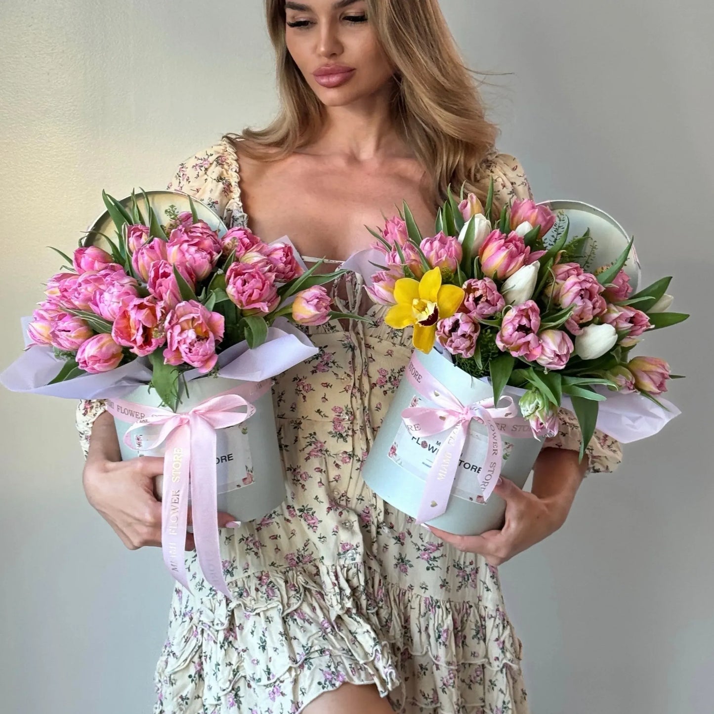 Tulips Flower Bouquet In A Box - Miami Flower Store Same-Day Delivery Fort Lauderdale Brickell Aventura Las Olas Hallendale Beach Hollywood Sunny Isles