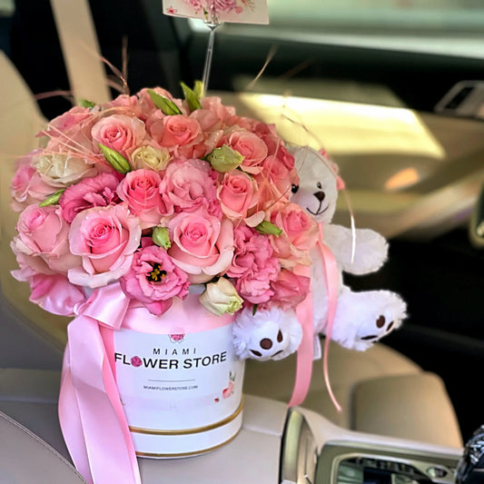 Baby Girl Pink Rose Flower Bouquet In A Box With Stuffed Teddy Bear - Miami Flower Store Same-Day Delivery Fort Lauderdale Brickell Aventura Las Olas Hallendale Beach Hollywood Sunny Isles