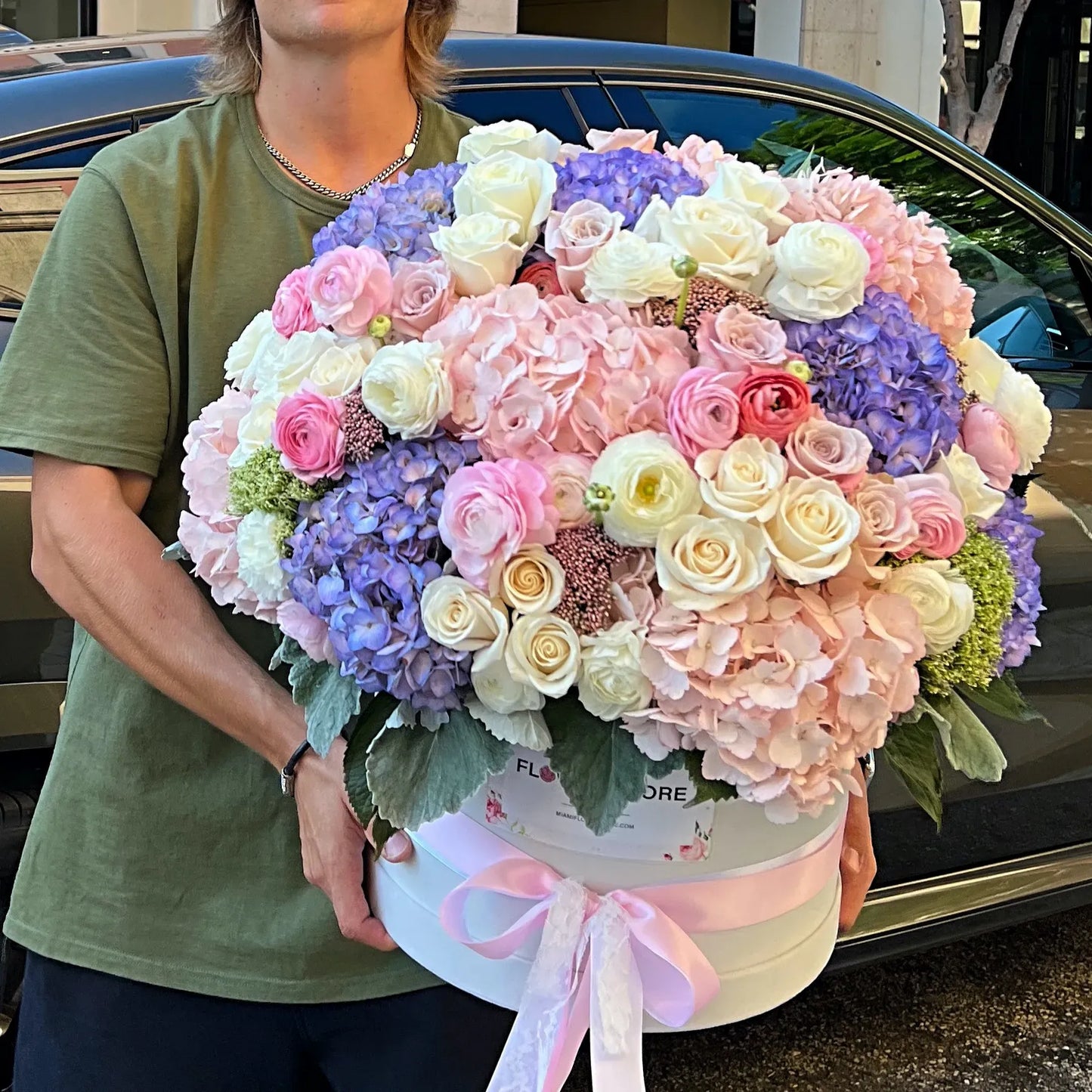 Hydrangea With Roses & Ranunculus Flower Bouquet In A Box - Miami Flower Store Same-Day Delivery Fort Lauderdale Brickell Aventura Las Olas Hallendale Beach Hollywood Sunny Isles