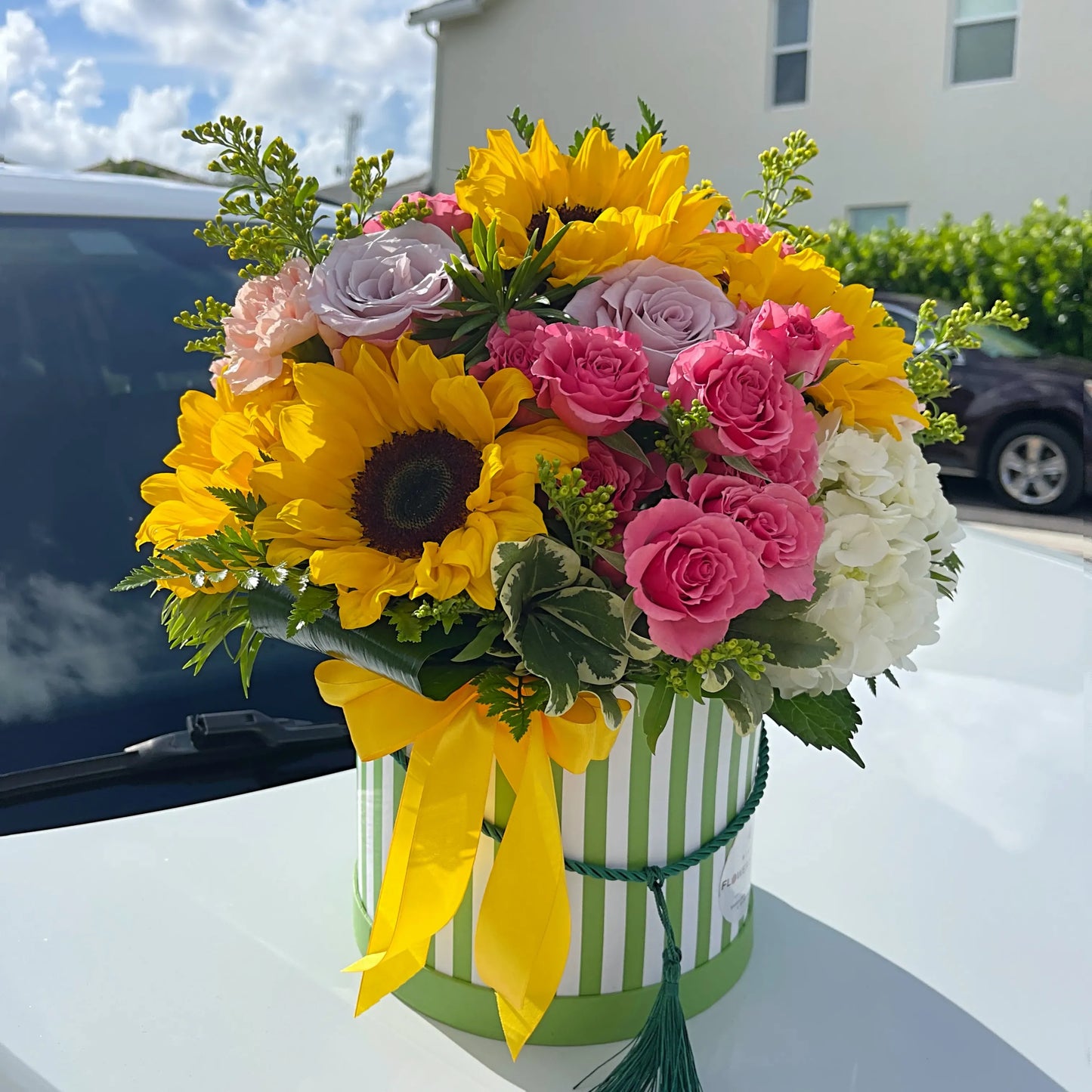Sunflower, Roses, Solidago, & Greens Flower Bouquet In A Box - Miami Flower Store Same-Day Delivery Fort Lauderdale Brickell Aventura Las Olas Hallendale Beach Hollywood Sunny Isles