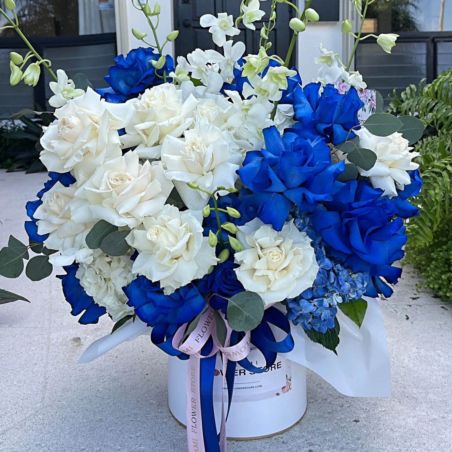 Blue & White Roses With Orchids Flower Bouquet In A Box - Miami Flower Store Same-Day Delivery Fort Lauderdale Brickell Aventura Las Olas Hallendale Beach Hollywood Sunny Isles