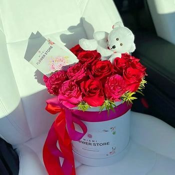Red Rose Flower Bouquet In A Box & Teddy Bear - Miami Flower Store Same-Day Delivery Fort Lauderdale Brickell Aventura Las Olas Hallendale Beach Hollywood Sunny Isles