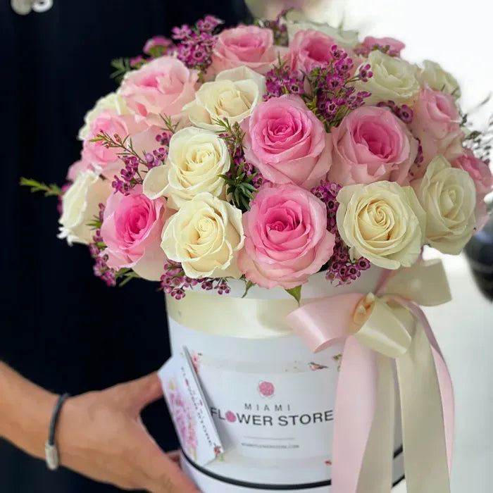 White & Pink Classic Roses Flower Bouquet In A Box - Miami Flower Store Same-Day Delivery Fort Lauderdale Brickell Aventura Las Olas Hallendale Beach Hollywood Sunny Isles
