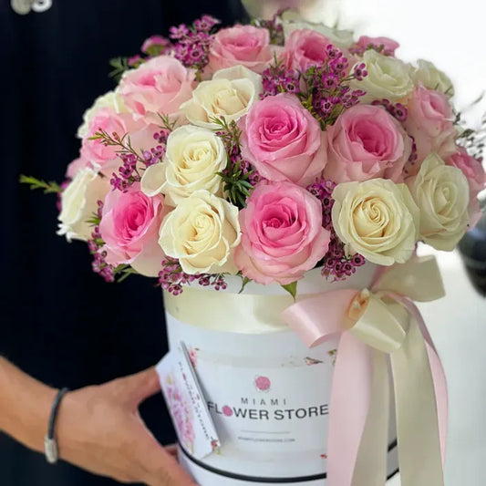 White & Pink Classic Roses Flower Bouquet In A Box - Miami Flower Store Same-Day Delivery Fort Lauderdale Brickell Aventura Las Olas Hallendale Beach Hollywood Sunny Isles
