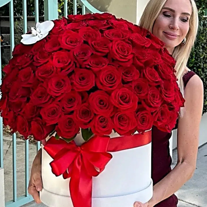 200 Red Rose Flower Bouquet In A Box With Orchids - Miami Flower Store Same-Day Delivery Fort Lauderdale Brickell Aventura Las Olas Hallendale Beach Hollywood Sunny Isles
