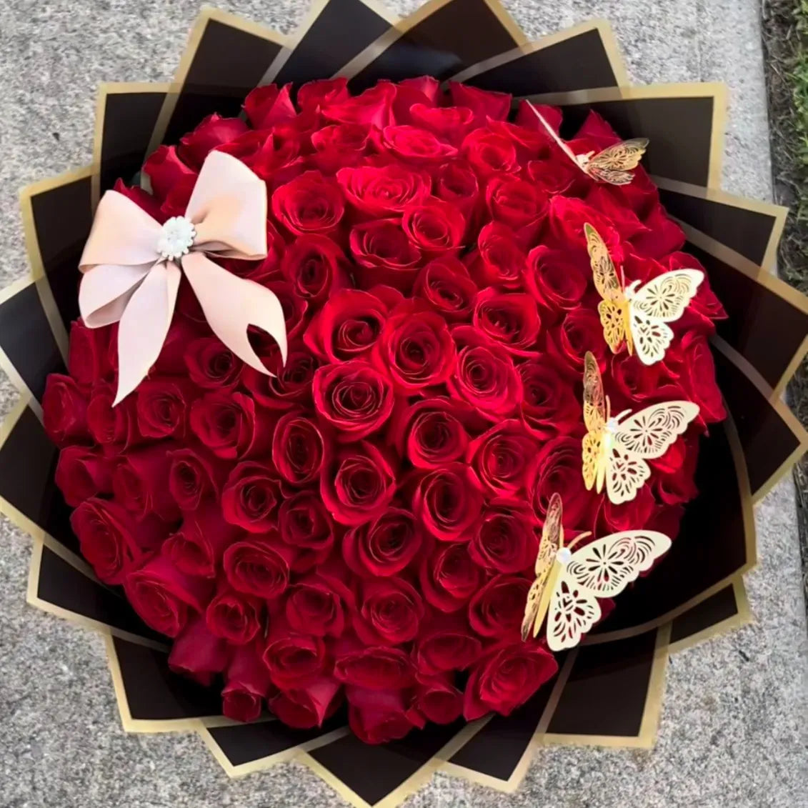 100 Red Rose Flower Bouquet With Gold Butterflies - Miami Flower Store Same-Day Delivery Fort Lauderdale Brickell Aventura Las Olas Hallendale Beach Hollywood Sunny Isles