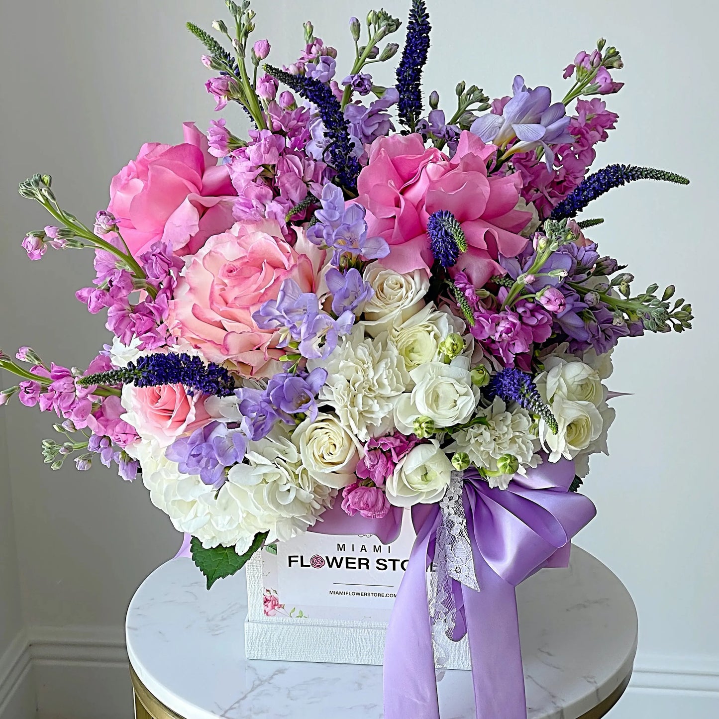 Purple & Pink Rose Flower Bouquet In A Box - Miami Flower Store Same-Day Delivery Fort Lauderdale Brickell Aventura Las Olas Hallendale Beach Hollywood Sunny Isles