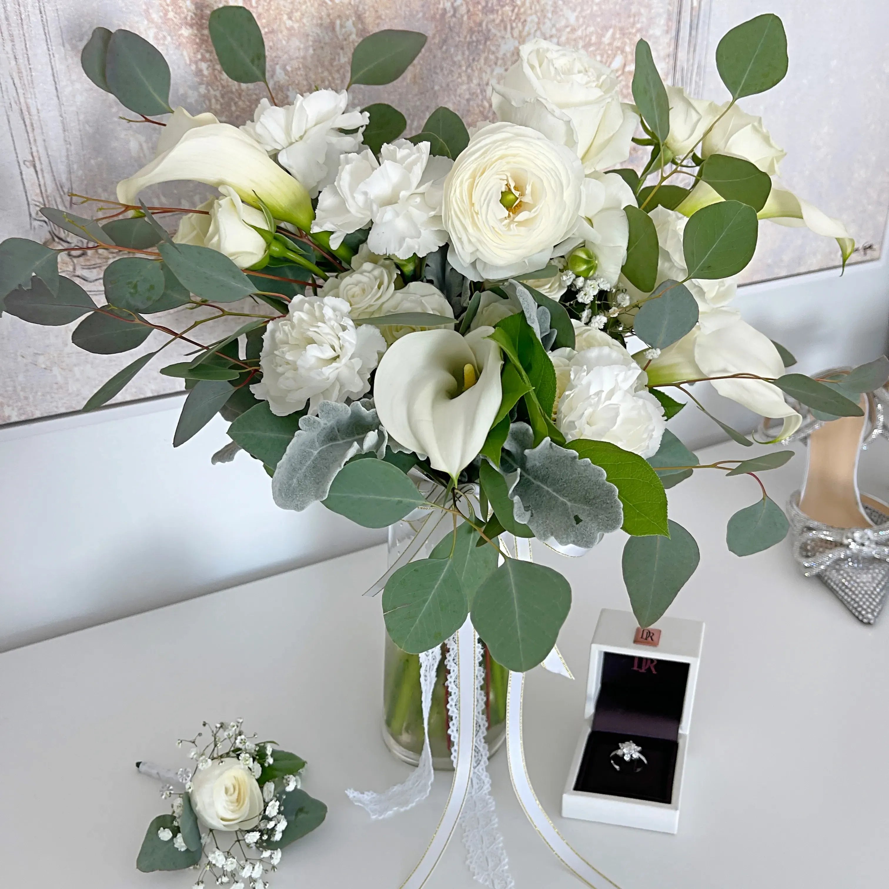 white roses and calla lilies wedding bouquet Elegant Calla Lily Wedding Bouquet with Roses & Ranunculus