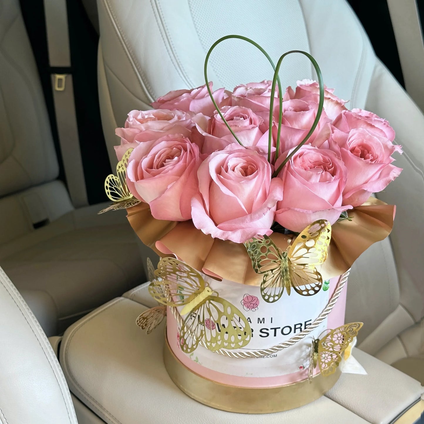 Peach Roses With Golden Butterflies Flower Bouquet In A Box - Miami Flower Store Same-Day Delivery Fort Lauderdale Brickell Aventura Las Olas Hallendale Beach Hollywood Sunny Isles