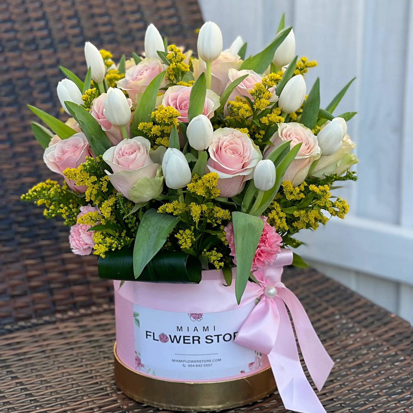 Tulips & Pink Roses Flower Bouquet In A Box - Miami Flower Store Same-Day Delivery Fort Lauderdale Brickell Aventura Las Olas Hallendale Beach Hollywood Sunny Isles