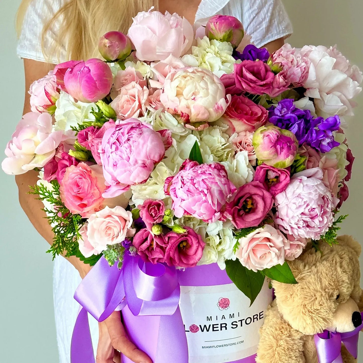 Peony Flower Bouquet in A Box With Stuffed Teddy Bear - Miami Flower Store Same-Day Delivery Fort Lauderdale Brickell Aventura Las Olas Hallendale Beach Hollywood Sunny Isles