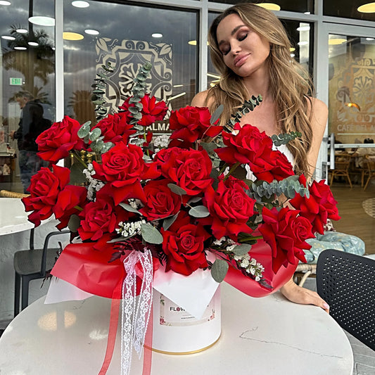 Red Roses & Eucalyptus Flower Bouquet In A Box - Miami Flower Store Same-Day Delivery Fort Lauderdale Brickell Aventura Las Olas Hallendale Beach Hollywood Sunny Isles