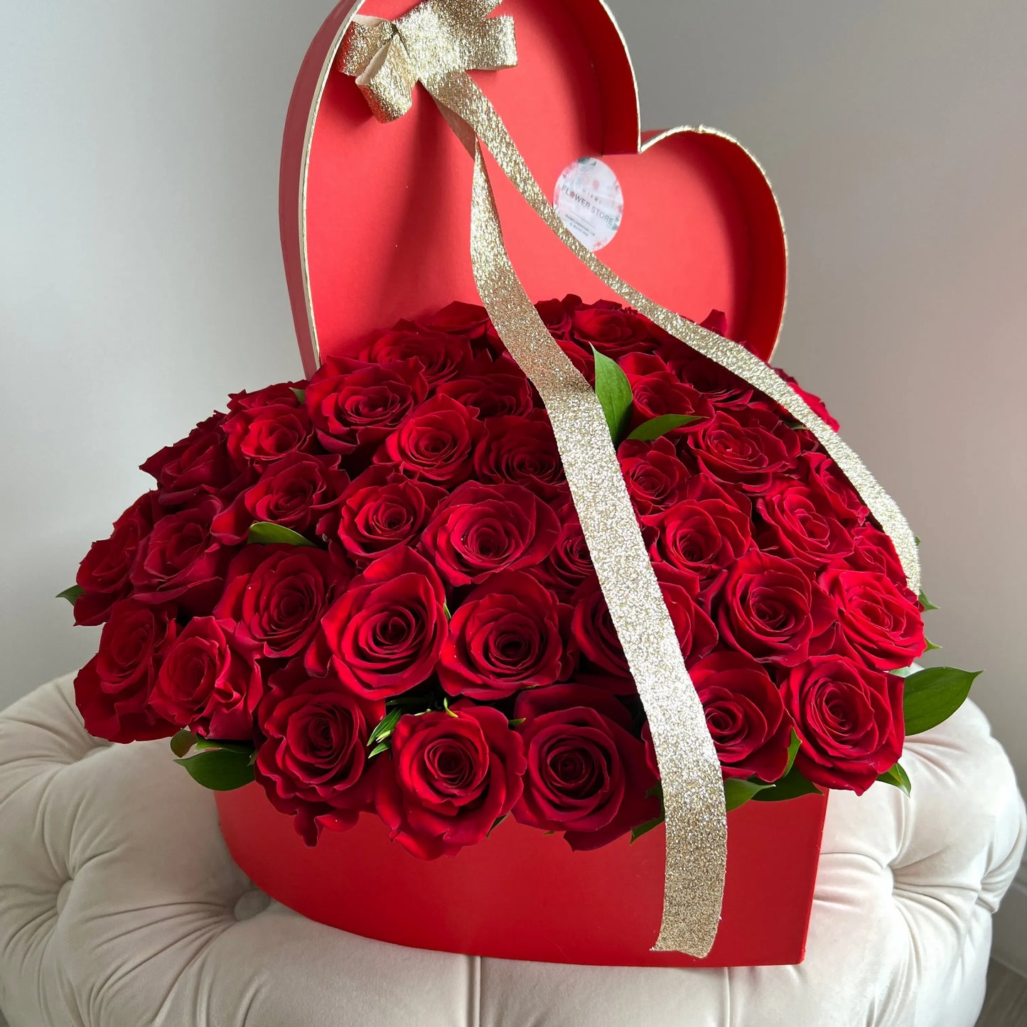 50 Red Rose Flower Bouquet In Heart Shaped Box - Miami Flower Store Same-Day Delivery Fort Lauderdale Brickell Aventura Las Olas Hallendale Beach Hollywood Sunny Isles