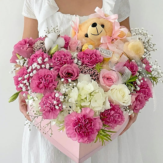 Rose Flower Bouquet In A Heart Shaped Box With Chocolate & Teddy Bear - Miami Flower Store Same-Day Delivery Fort Lauderdale Brickell Aventura Las Olas Hallendale Beach Hollywood Sunny Isles
