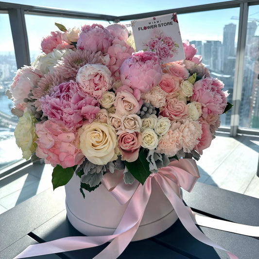 Peony, Rose, Hydrangea Mix Flower Bouquet In A Box - Miami Flower Store Same-Day Delivery Fort Lauderdale Brickell Aventura Las Olas Hallendale Beach Hollywood Sunny Isles