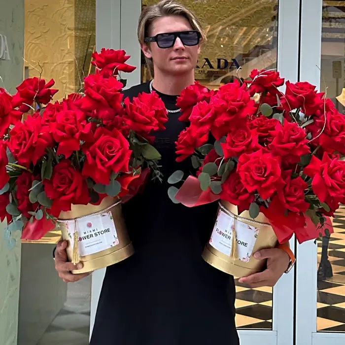 French Red Rose Flower Bouquet In A  Gold Box - Miami Flower Store Same-Day Delivery Fort Lauderdale Brickell Aventura Las Olas Hallendale Beach Hollywood Sunny Isles