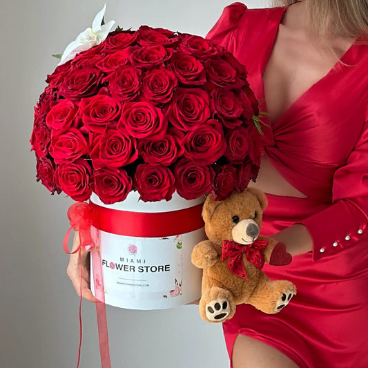50 Red Rose Flower Bouquet In Box With Stuffed Teddy Bear - Miami Flower Store Same-Day Delivery Fort Lauderdale Brickell Aventura Las Olas Hallendale Beach Hollywood Sunny Isles