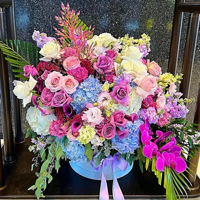 Orchids, Roses, Ranunculus, Callas Mix Luxury Flower Bouquet In A Box - Miami Flower Store Same-Day Delivery Fort Lauderdale Brickell Aventura Las Olas Hallendale Beach Hollywood Sunny Isles