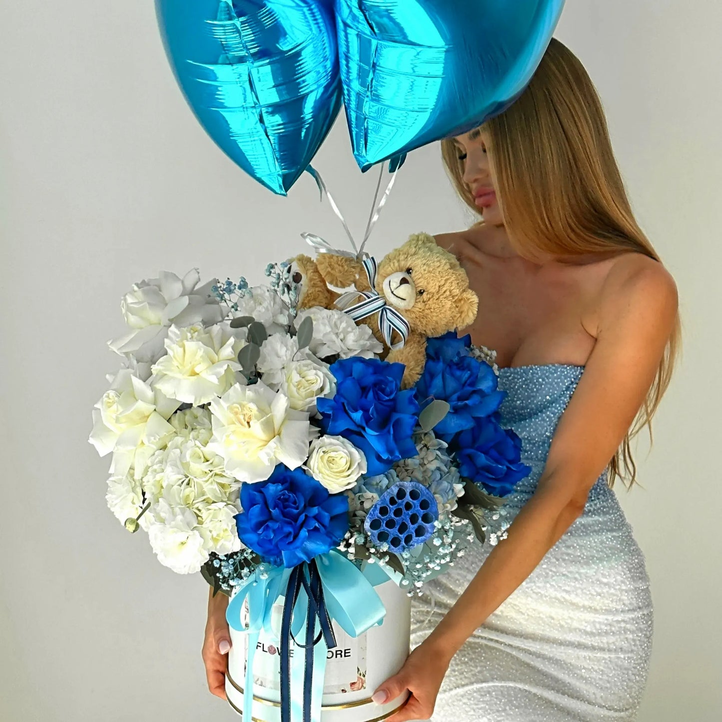 Blue & White Rose Flower Bouquet In Box, Stuffed Bear, & 3 balloons - Miami Flower Store Same-Day Delivery Fort Lauderdale Brickell Aventura Las Olas Hallendale Beach Hollywood Sunny Isles