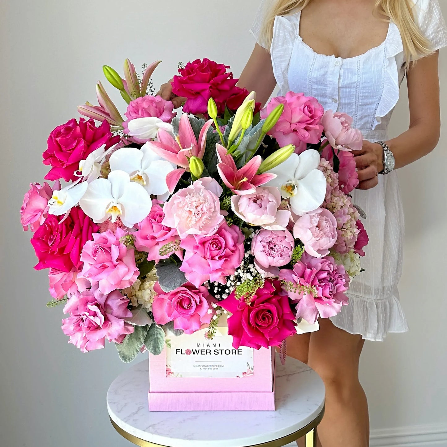 Rose Flower Bouquet In A Box With Lillies, Orchids & Peonies - Miami Flower Store Same-Day Delivery Fort Lauderdale Brickell Aventura Las Olas Hallendale Beach Hollywood Sunny Isles
