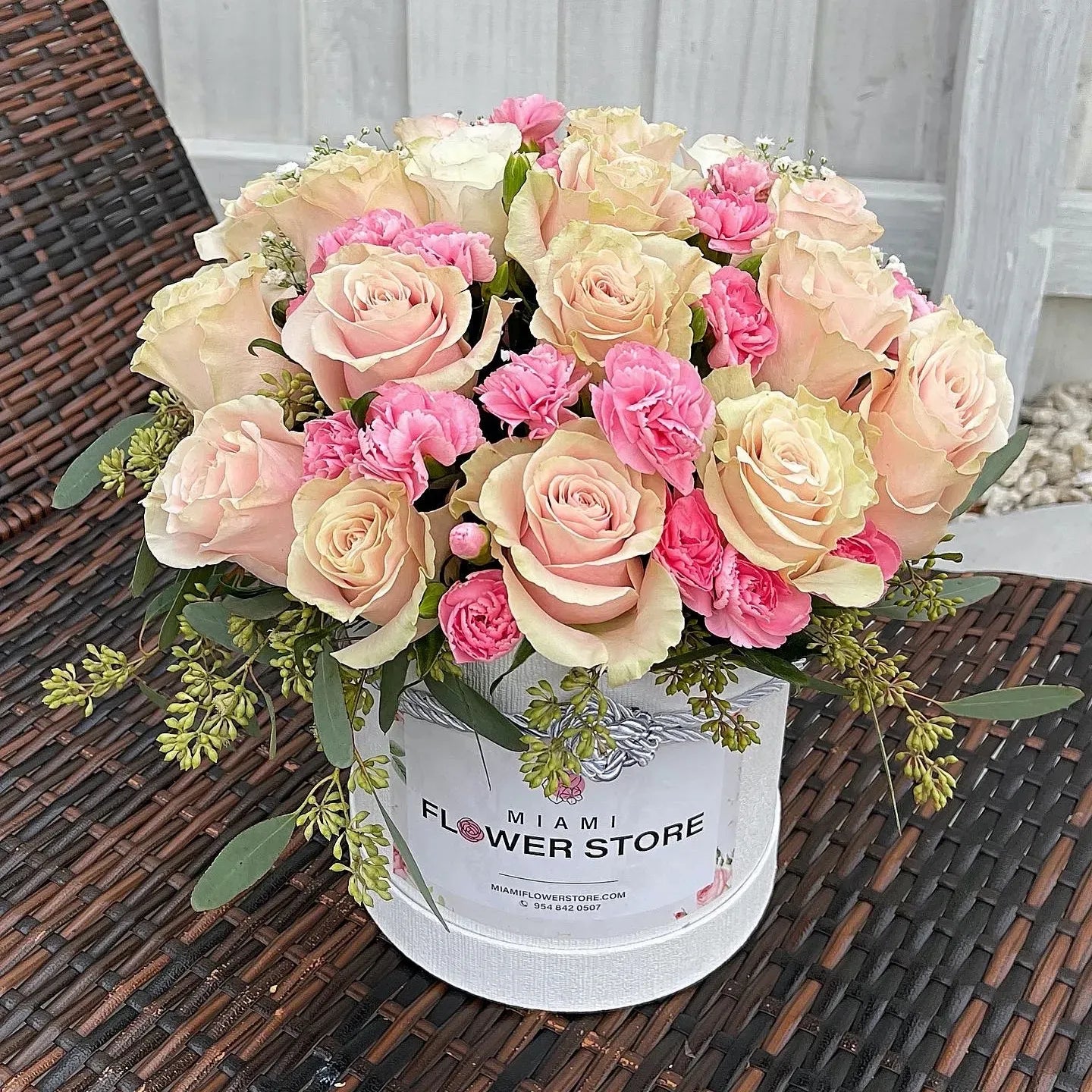 Classic Pink Roses & Mini Carnations Flower Bouquet In A Box - Miami Flower Store Same-Day Delivery Fort Lauderdale Brickell Aventura Las Olas Hallendale Beach Hollywood Sunny Isles
