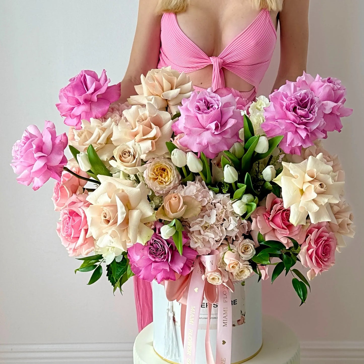 Pink & Cream Roses, Tulips & Greens Flower Bouquet In A Box - Miami Flower Store Same-Day Delivery Fort Lauderdale Brickell Aventura Las Olas Hallendale Beach Hollywood Sunny Isles