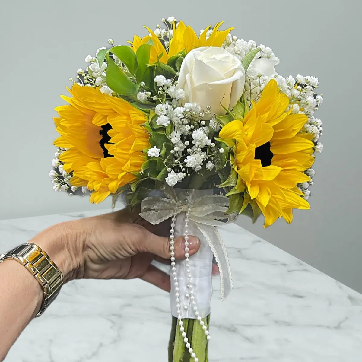 Sunflower & White Rose Bridal Wedding Flower Bouquet - Miami Flower Store Same-Day Delivery Fort Lauderdale Brickell Aventura Las Olas Hallendale Beach Hollywood Sunny Isles