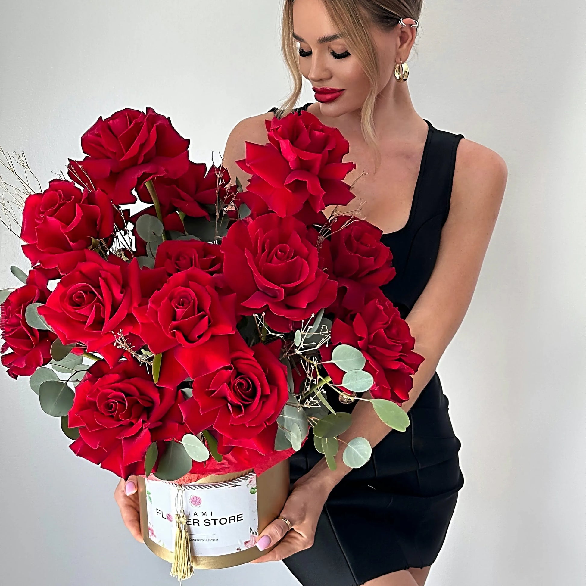 French Red Rose Flower Bouquet In A  Gold Box - Miami Flower Store Same-Day Delivery Fort Lauderdale Brickell Aventura Las Olas Hallendale Beach Hollywood Sunny Isles