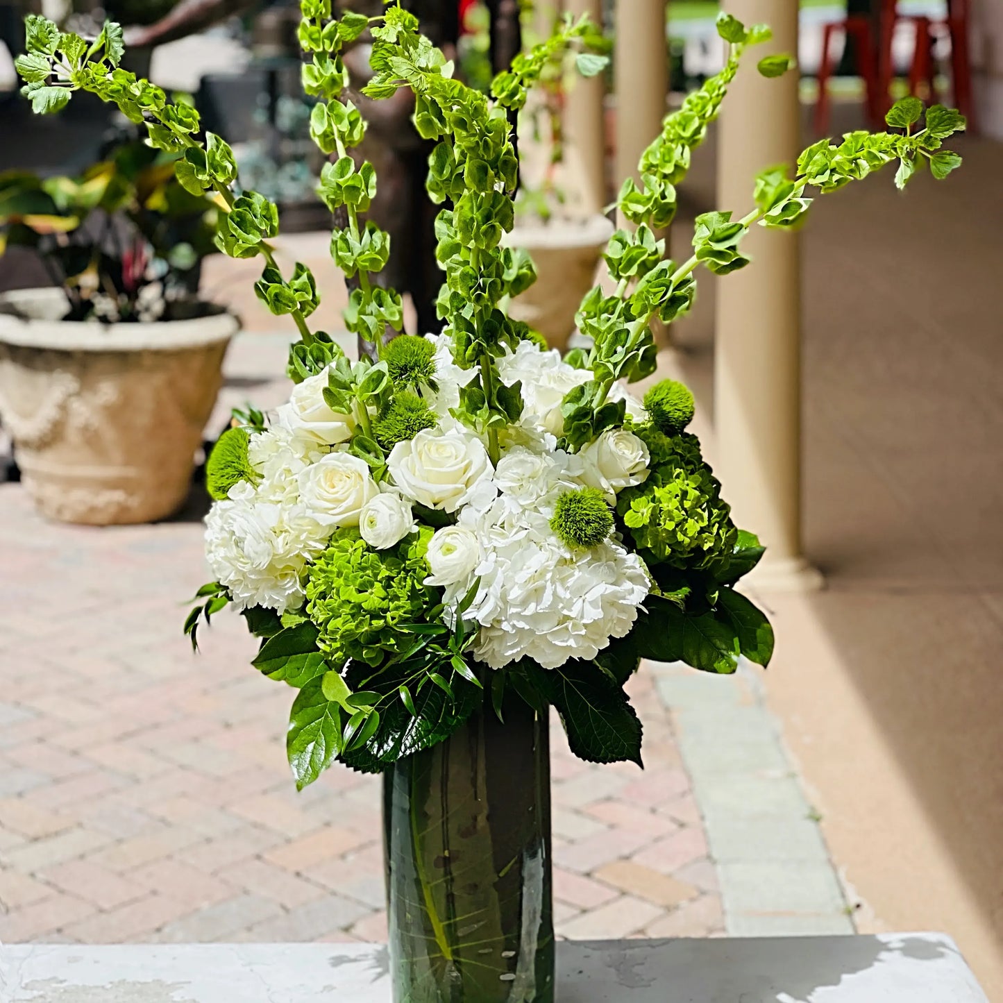White Rose Flower Bouquet In A Vase With Ranunculus, Lisianthus, Hydrangea & Greens - Miami Flower Store Same-Day Delivery Fort Lauderdale Brickell Aventura Las Olas Hallendale Beach Hollywood Sunny Isles