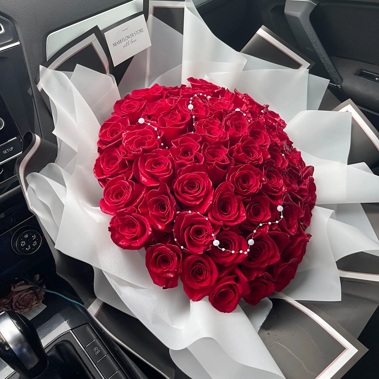 50 Classic Red Rose Flower Bouquet With Pearl Beads - Miami Flower Store Same-Day Delivery Fort Lauderdale Brickell Aventura Las Olas Hallendale Beach Hollywood Sunny Isles
