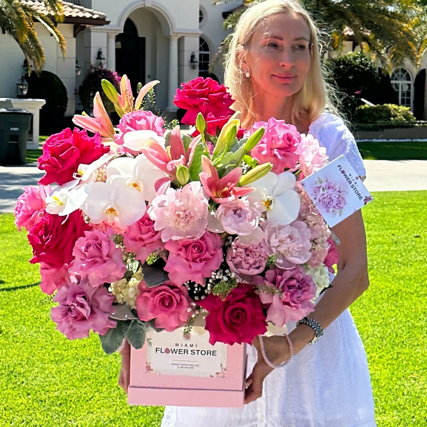Rose Flower Bouquet In A Box With Lillies, Orchids & Peonies - Miami Flower Store Same-Day Delivery Fort Lauderdale Brickell Aventura Las Olas Hallendale Beach Hollywood Sunny Isles