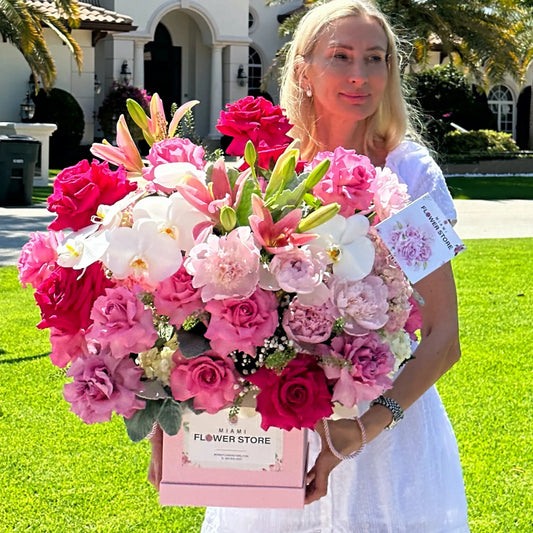 Rose Flower Bouquet In A Box With Lillies, Orchids & Peonies - Miami Flower Store Same-Day Delivery Fort Lauderdale Brickell Aventura Las Olas Hallendale Beach Hollywood Sunny Isles