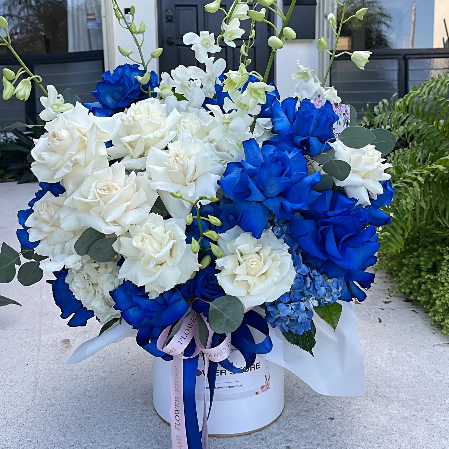 Blue & White Roses With Orchids Flower Bouquet In A Box - Miami Flower Store Same-Day Delivery Fort Lauderdale Brickell Aventura Las Olas Hallendale Beach Hollywood Sunny Isles
