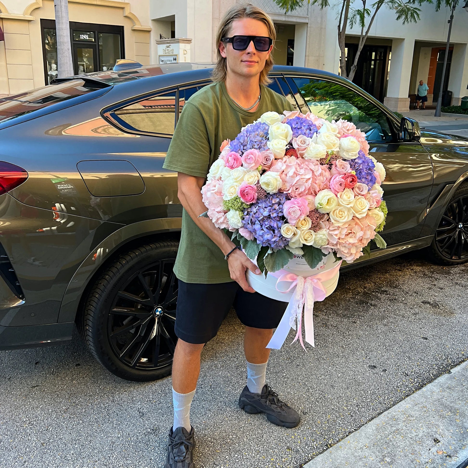 Hydrangea With Roses & Ranunculus Flower Bouquet In A Box - Miami Flower Store Same-Day Delivery Fort Lauderdale Brickell Aventura Las Olas Hallendale Beach Hollywood Sunny Isles