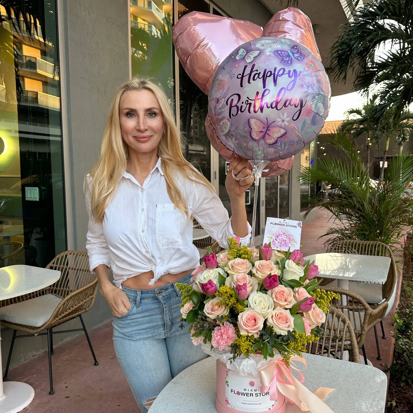 "Happy Birthday" & 3 Color Matching Heart Shaped Metallic Foil Balloons - Miami Flower Store Same-Day Delivery Fort Lauderdale Brickell Aventura Las Olas Hallendale Beach Hollywood Sunny Isles