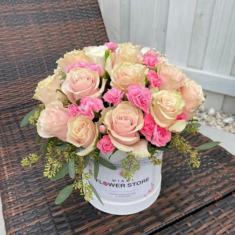 Classic Pink Roses & Mini Carnations Flower Bouquet In A Box - Miami Flower Store Same-Day Delivery Fort Lauderdale Brickell Aventura Las Olas Hallendale Beach Hollywood Sunny Isles