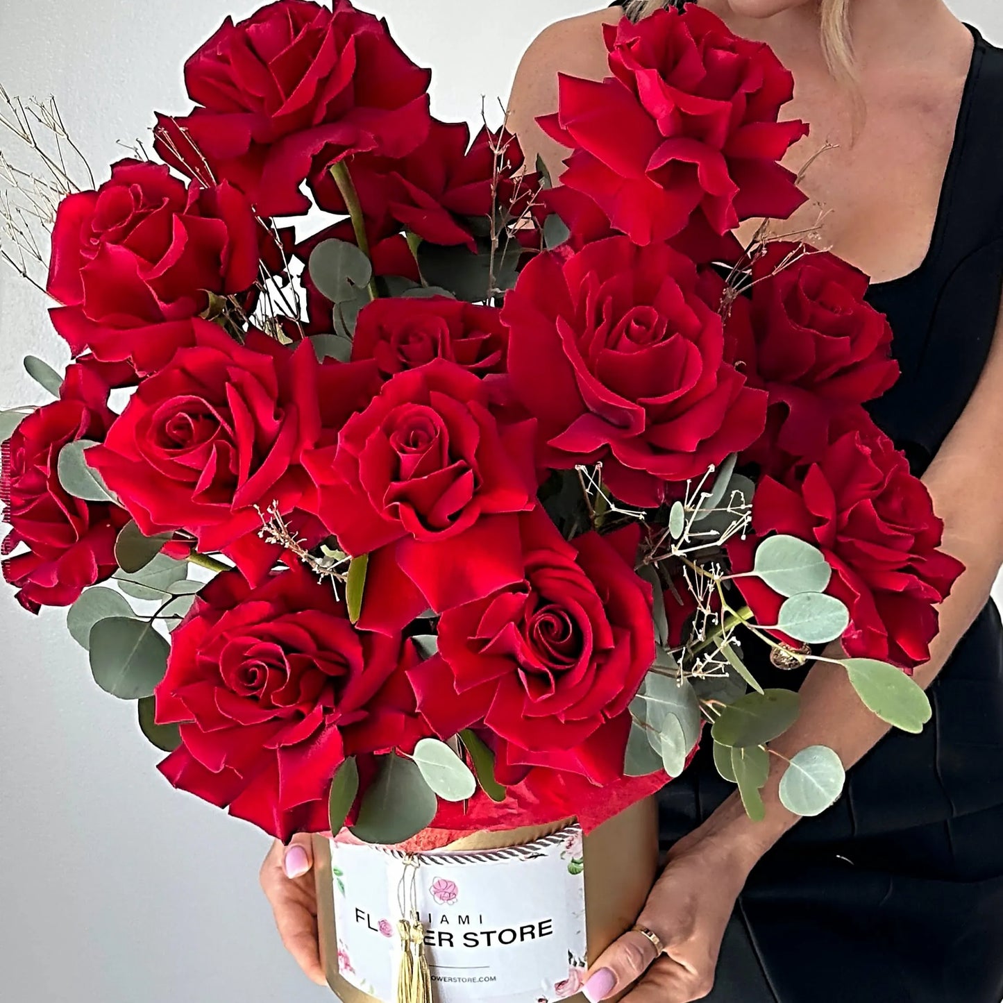 French Red Rose Flower Bouquet In A  Gold Box - Miami Flower Store Same-Day Delivery Fort Lauderdale Brickell Aventura Las Olas Hallendale Beach Hollywood Sunny Isles