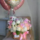 Peony Flower Bouquet In A Basket & Stuffed Teddy Bear - Miami Flower Store Same-Day Delivery Fort Lauderdale Brickell Aventura Las Olas Hallendale Beach Hollywood Sunny Isles