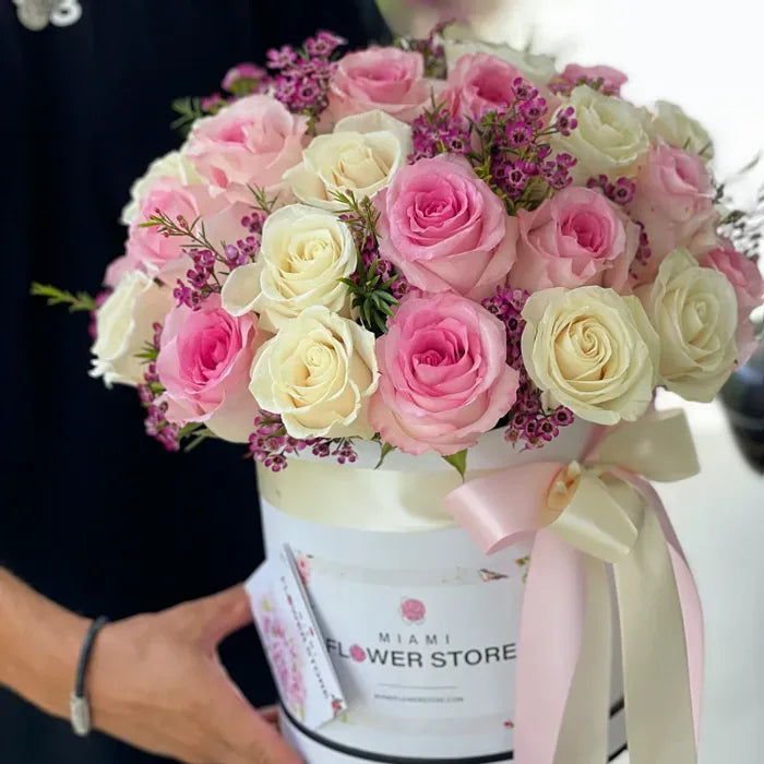 White & Pink Classic Roses Flower Bouquet In A Box - Miami Flower Store Same-Day Delivery Fort Lauderdale Brickell Aventura Las Olas Hallendale Beach Hollywood Sunny Isles
