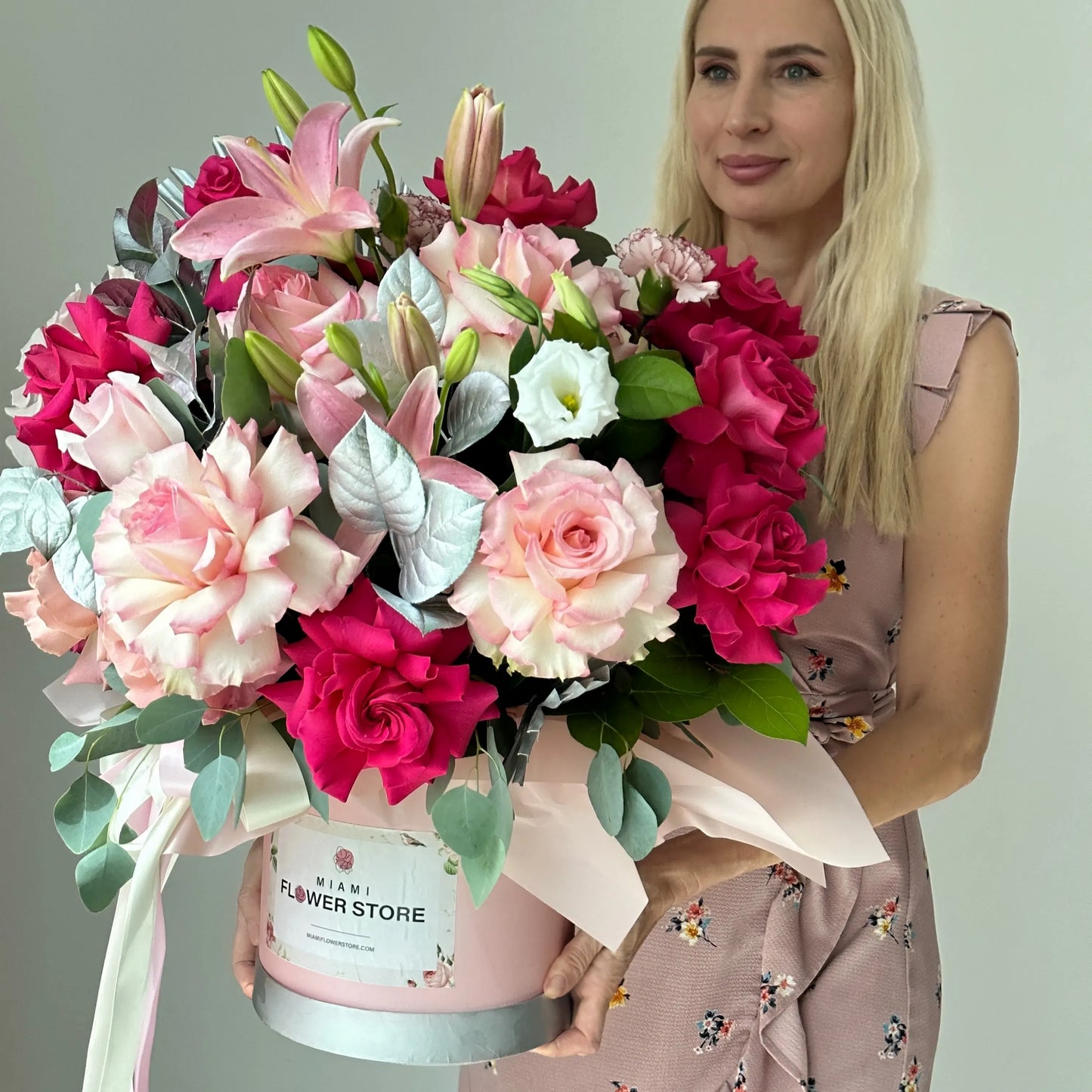 Roses, Lilies, Carnations, Silver Greens Flower Bouquet In A Box - Miami Flower Store Same-Day Delivery Fort Lauderdale Brickell Aventura Las Olas Hallendale Beach Hollywood Sunny Isles