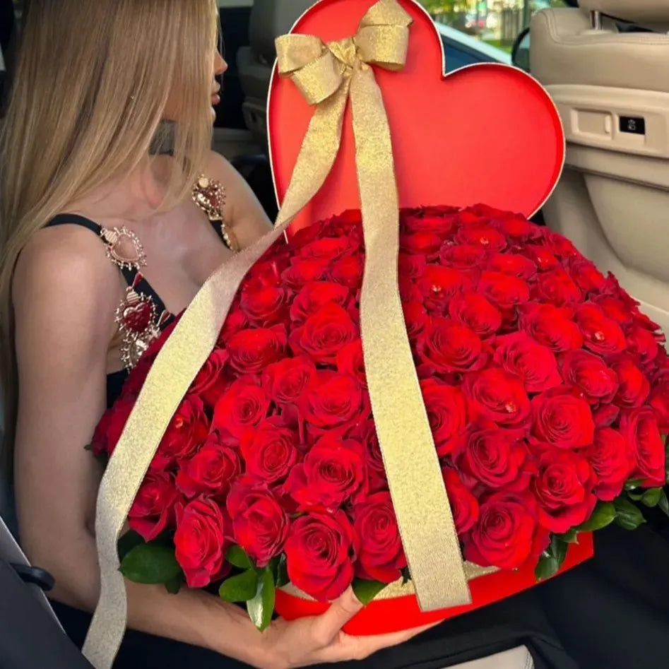 50 Red Rose Flower Bouquet In Heart Shaped Box - Miami Flower Store Same-Day Delivery Fort Lauderdale Brickell Aventura Las Olas Hallendale Beach Hollywood Sunny Isles